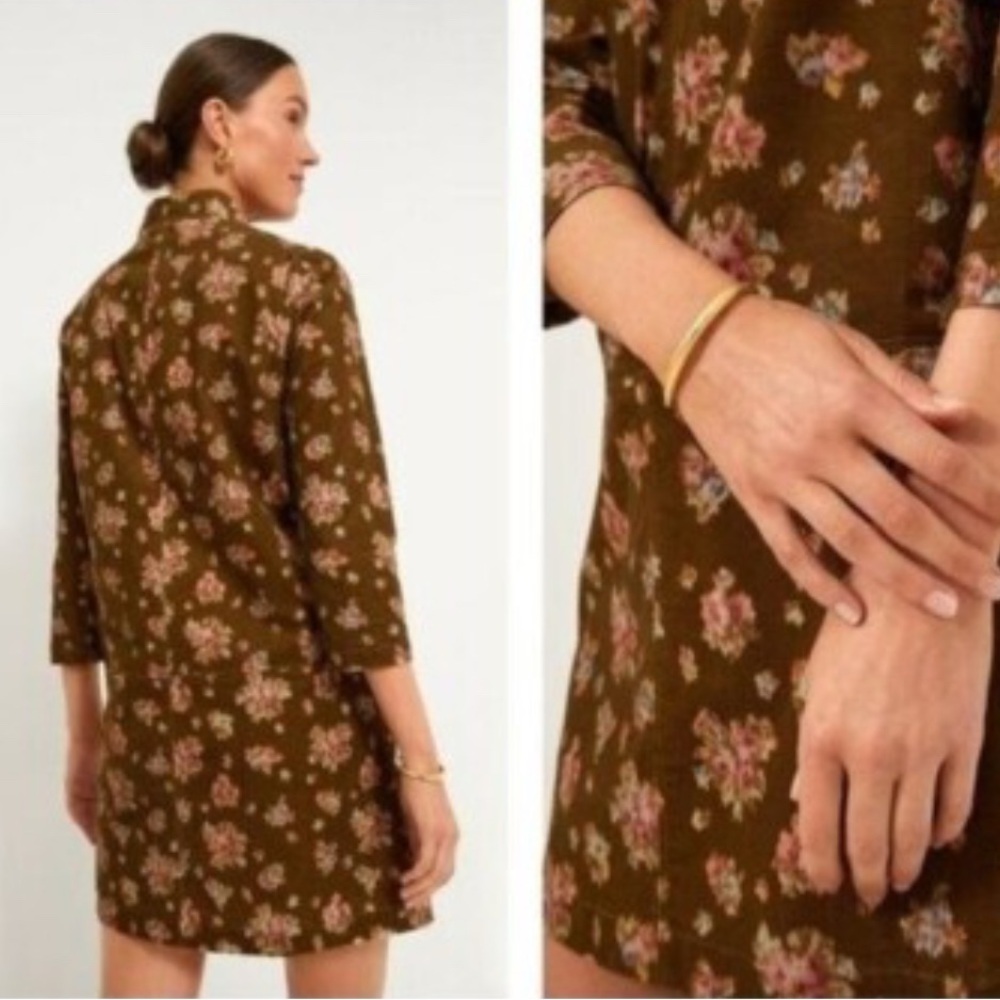 Tuckernuck Olive Green Floral Shift Dress with Pink Accents